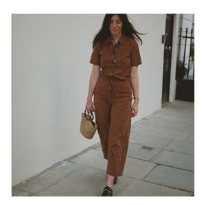 SEZANE Bennie Jumpsuit 36 Denim Coffee Brown Button-Up Luxury Minimalist Straigh